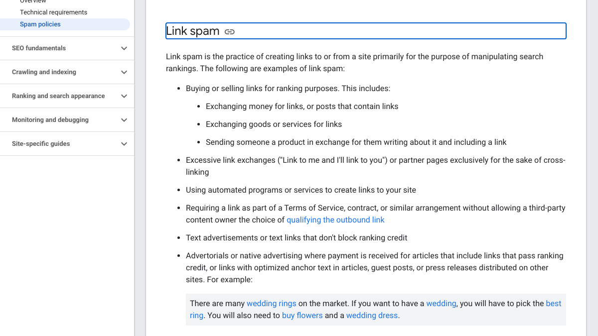Google spam policies page listing link spam examples, including buying or selling links for ranking purposes and advertorials with links that pass ranking credit