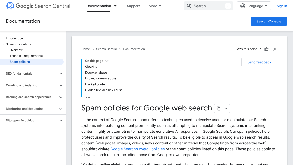 Google Search Central page titled Spam policies for Google web search, defining spam as attempting to manipulate Search systems or generative AI responses